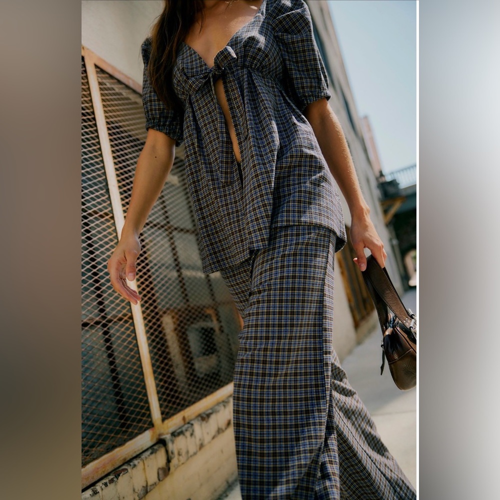 NWT Free People Dani Set Blue and Brown Houndstooth - Picture 4 of 9